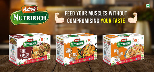 Ashok Nutririch Soya Chaap ; dried state , in cut pieces , no maida , no freezer required.